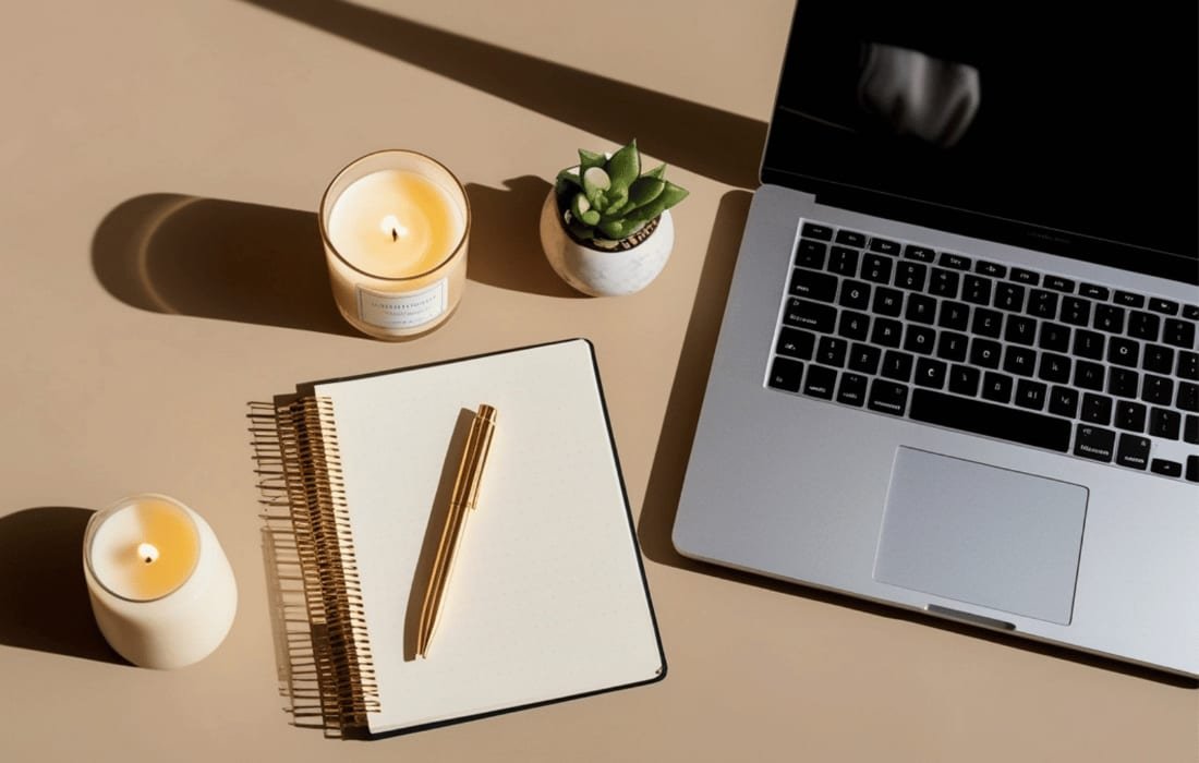 A desk seen from above with an open laptop, a notebook and pen, a small plant and two candles